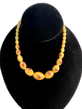 CZECH Hand Painted Flowers Yellow Satin Glass Beaded Necklace Antique Vintage